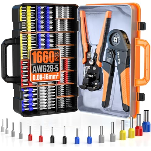 Crimpzangen Aderendhülsen Set, Preciva 0.08-16mm² Aderendhülsenzange Vierkant Crimpzange Presszange mit Aufbewahrungsbox, Abisolierzange und 1660 Stück Einzeilige Aderendhülsen