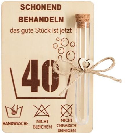 Geschenk zum 40. Geburtstag Frau, Geschenkset Holz 40, Witzige Geburtstagskarte 40, Holz Wunschkarte mit Reagenzglas, Geldgeschenk Set für Mann und Frau, 40. Geburtstag Geschenkidee für Freunde