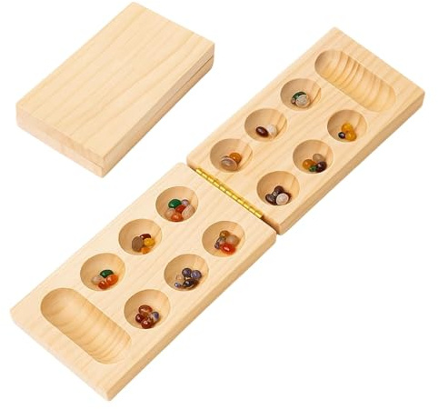 TioRacY Steinchenspiel Holz Mit Steinen, Strategisches Brettspiel, Verdicktes Naturholz + Schöne Bunte Steine + Aufbewahrungsbeutel Intelligenzspiel Geeignet für Kinder Freunde und Familie