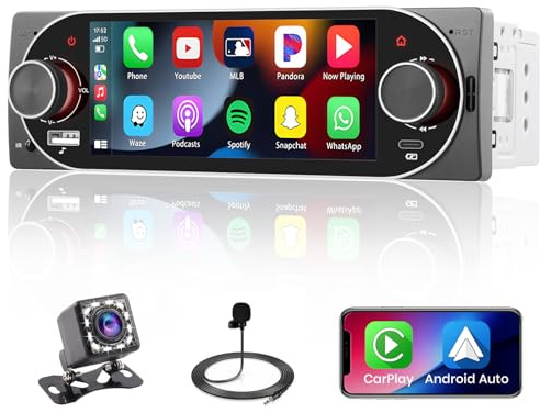 Bluetooth-bilradio 1 DIN kompatibel med Carplay och Android Auto, bilstereo med 5,1-tums pekskärm – Bluetooth-handsfree, Mirror Link, FM-radio, USB/Type-C, EQ och backkamera