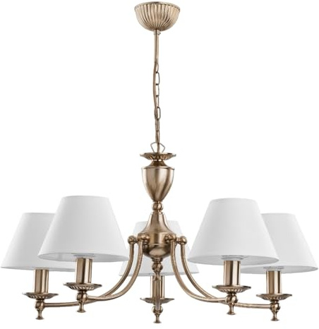 Licht-Erlebnisse Kronleuchter Jugendstil 48,8 cm breit H: max. 66 cm Metall Stoff E14 in Messing Antik Creme Hängeleuchte mit Schirm Lüster Esszimmer