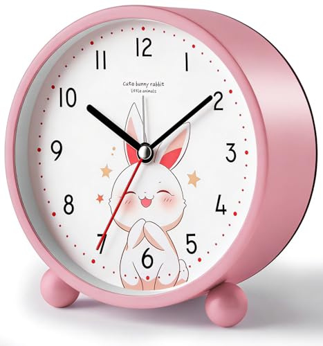 Zonopy Kinderwecker, leise und nicht tickend, analoge Hasen-Lernuhr für Schulanfänger, rosa stilvolle runde Metalluhr, leicht abzulesen, laut klingelnd, Ostergeschenke, Geburtstagsgeschenk für Schüler