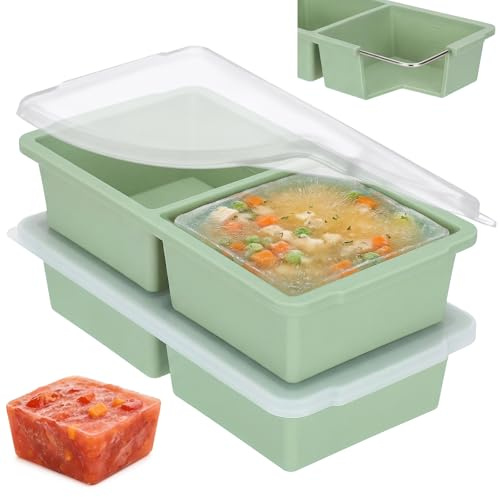 Silikonfrysform med lock, uppsättning om 2 med mlskala (250 ml & 501 ml), extra stor XXL isbitsform för soppa, grytor, buljong och sås, BPA-fri och stapelbar för frys och meal prep (mintgrön)