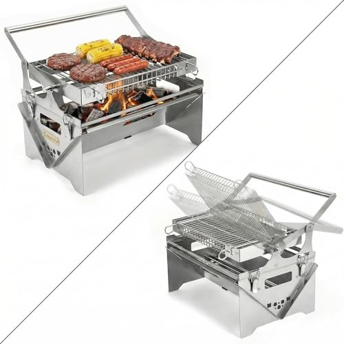 Rotating BBQ Grill, Blazefor Flip Grill 360° Rotating Barbecue Grill, Manual Push-Pull Auto Flipping Charcoal Grill, Detachable Stainless Steel Portable BBQ Grill for Outdoor Camping & Picnics