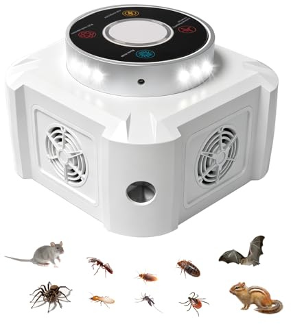 Professionnel Ultrason Souris et Rats à Large Portée Appareil Ultrason pour Nuisible Repulsif Souris Anti Souris Rat avec Lumière 12 LED, Intérieur Exterieur Répulsif Souris Ultrason 360° Blanc