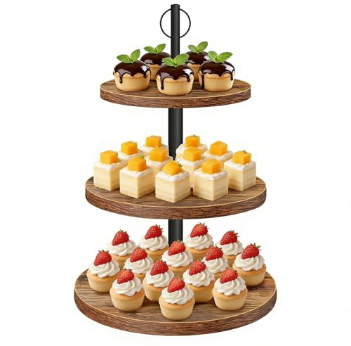 Etagere 3 Etagen aus Holz – Großer Rund Cupcake & Tortenständer für Party | 0,6 Zoll Dickes Kuchenplatte,Holz Cupcake Ständer mit Metallgriff für Dessert Obst Geburtstag Nachmittagstee Party Hochzeit
