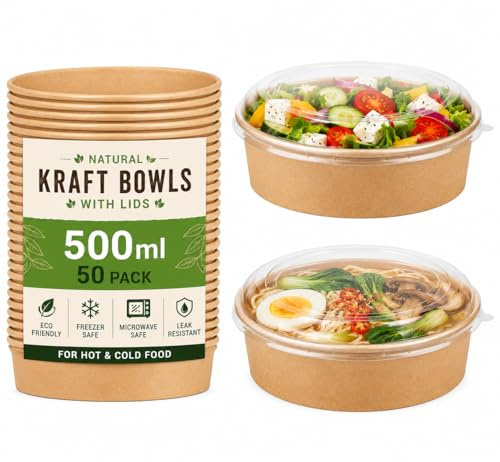 Kraft Salad Paper Bowls with Lids, 50 Pack Disposable Takeaway Food Containers, Leakproof Soup & Salad Bowls for Hot and Cold Food, Eco-Friendly Containers for Restaurants, Cafes & Meal (500ML)