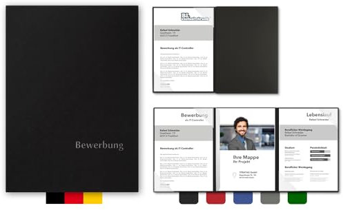 5 Stück 3-teilige Bewerbungsmappen BL-exclusivdruck® EASY in Schwarz - Premium-Qualität mit edler Relief-Prägung 'Bewerbung' - Produkt-Design von 'Mario Lemani'