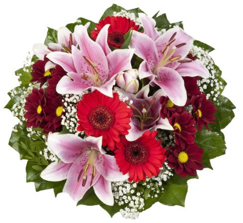 Dominik Blumen und Pflanzen, Blumenstrauß Charlotte mit rosa Lilien, Chrysantheme, Gerbera und Schleierkraut