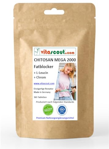 CHITOSAN MEGA 2000 + L-Leucin + Chrom - 365 Tabletten - Fatblocker - Neue verbesserte Rezeptur - Hochdosiert - Ohne Magnesiumstearat - Unterstützt normalen Fettstoffwechsel und Blutzuckerspiegel
