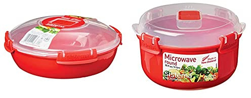 Sistema Microwave Teller, 1,3 l, rot & Microwave Rundbehälter, 915 ml, rot/transparent