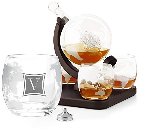 Maverton Whisky Karaffe mit Gravur - Globus mit Schiff, 850 ml - 4er Whiskygläser Set - Whisky Dekanter - Personalisiert - Monogramm