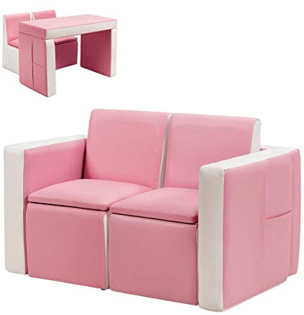 Costzon Kids Couch, 2 in 1 Double Seat Children's Sofa Convert to Table and Two Chairs for School, Storage Space, PVC Surface, Large Soft Kids Preschool Sofa Couch for Boys Girls Gifts (Pink)