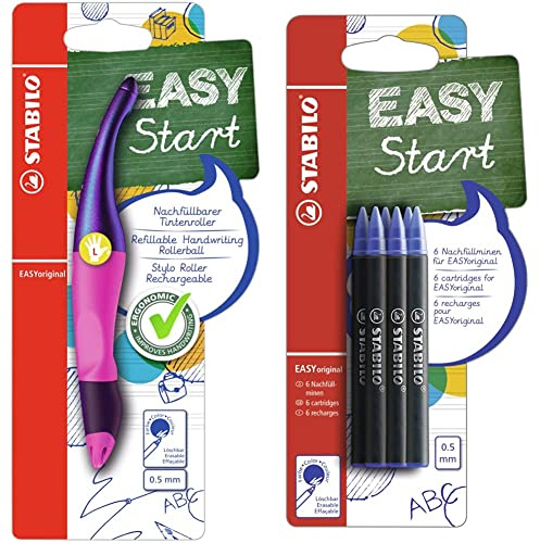 STABILO - Stifte-Set - Ergonomischer Tintenroller für Linkshänder - EASYoriginal Holograph in magenta - blau (löschbar) - inkl. Patrone & Tintenpatronen - EASYoriginal Refill - medium - 6er Pack