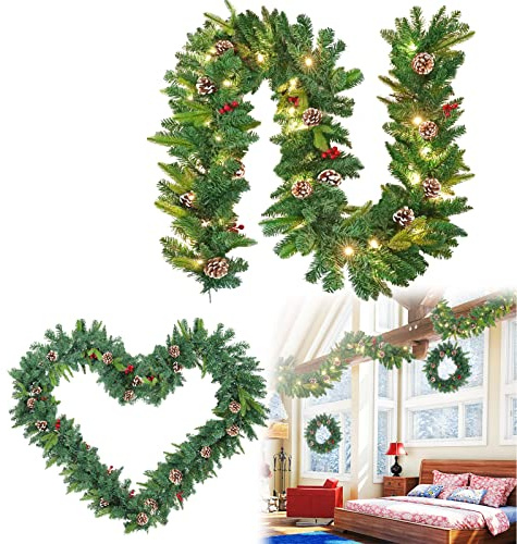 HENGMEI Weihnachtsgirlande 5m Tannengirlande mit Beleuchtung Weihnachtsdeko Girlande Türkranz Künstliche Weihnachtskranz für Innen & Außen(Typ B, Grün)