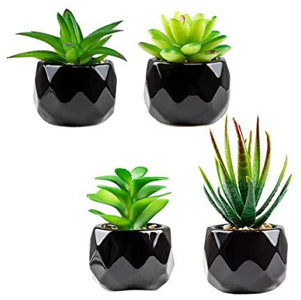 Artificial Succulents Plants with Black Ceramic Pot, Set of 4 Small Fake Plants, Decor for Office, Desk, Window Sill, Table, Bathroom, Balcony, Kitchen
