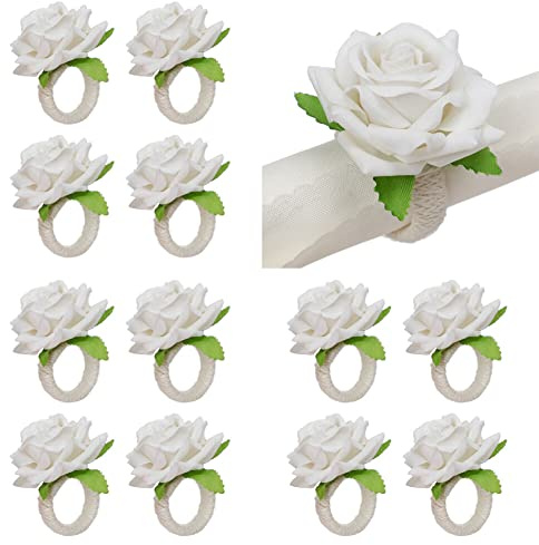 12 Stück künstliche Rosen Serviettenringe elegante Blumen Tischdekoration handgefertigte Serviettenschlaufe Serviettenhalter Ringe für Hochzeit Abendessen Party Dekoration