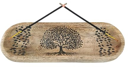VANIYA CRAFTS® Wooden Handmade Tree of Life Design Boat Shape Incense Holder Stand Insence Tray for Home Decor Restaurant (11X4, Natural Black)