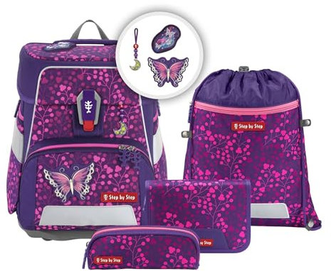Step by Step Schulranzen-Set Space Shine Butterfly Night Ina, 5-teilig, lila, ergonomischer Tornister mit Reflektoren, höhenverstellbar mit Hüftgurt, ab der 1. bis 4. Klasse, 20l
