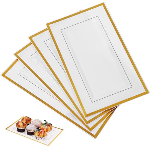 10 x Kunststoff-Servierplatten mit goldfarbenem Rand, Buffet-Tabletts für Essen, Party, Serviertablett, rechteckige Speiseteller für Hochzeiten, Geburtstage, Weihnachtsfeiern, 33 x 20 cm