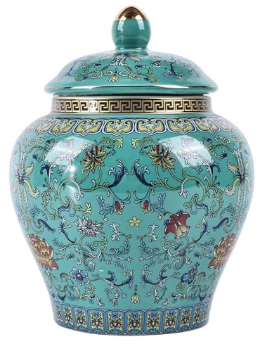 Handgefertigtes Emaille-Ingwergefäß - Lebhaft gefärbte Chinoiserie-Vase, blau-weiße Porzellan-Keramik-Dekorgefäß mit Deckel für Heimdekoration und Aufbewahrung (General Green)