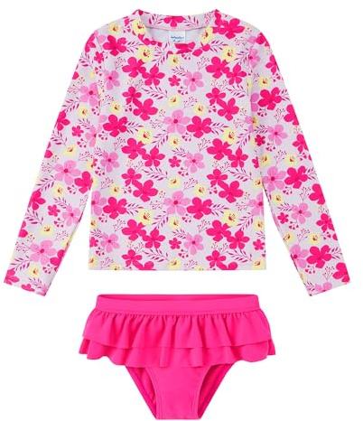 upandfast Little Girls Swimsuits Two Pieces Swimwears Rash Guard Set Long Sleeve UPF 50+ Bathing Suit (Pink Flower, 7 Years)