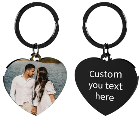 Customaster Personalisierter Schlüsselanhänger mit Foto & Gravur – Edelstahl Foto Schlüsselring mit Name Datum, Individuelles Geschenk für Paare Freundin Freund Valentinstag