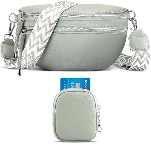 ferlord Umhängetasche Damen Leder, Stylisch Crossbody Bag Breiter Gurt Bauchtasche Damen mit 3 Fächern, Klein PU Leder Handtasche Damen Umhängetasche mit Breitem Schultergurt Elegante