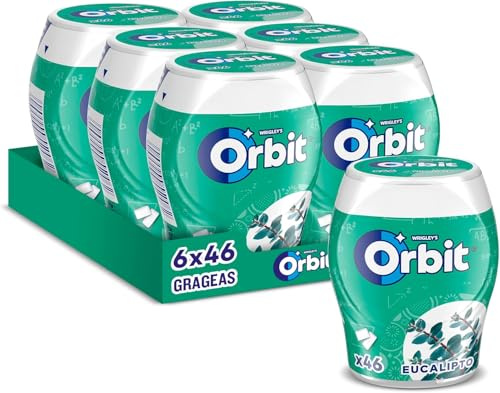 Orbit Chicles Sin Azúcar Eucalipto Grageas 6 Botes x 46 u. | Chicle sin azúcar con refrescante sabor a eucalipto -- formato bote multipack ideal para la oficina y compartir en casa