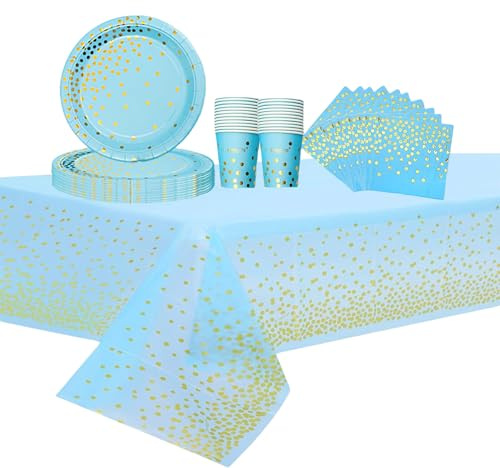 53PCS Blue and Golden Dot Party Tableware Decorations for Birthday,Disposable Party Tableware Set Dot Table Cloth Paper Plates 7inch,Cups,Napkins,for Birthday Wedding Dinnerware