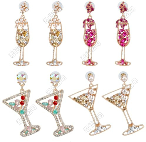UNICRAFTALE 4 Rhinestone Champagne Wine Glass Earrings - Colorful Shining Stud Earrings for Cocktail, Martini, Alcohol, Wedding, Holiday and New Year Gifts