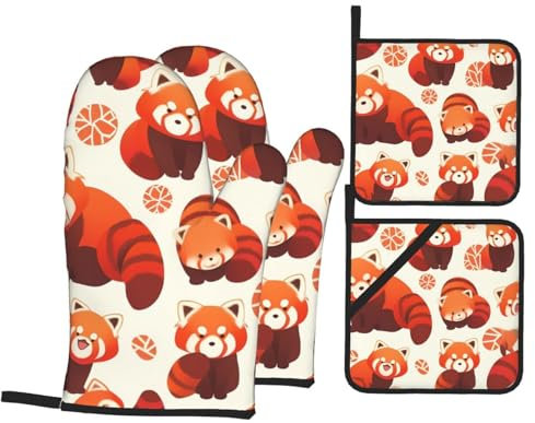 YYHHAOFA Set di quattro pezzi da cucina con motivo panda rosso, guanto da forno isolato e presine per una protezione antiscottatura spessa e durevole