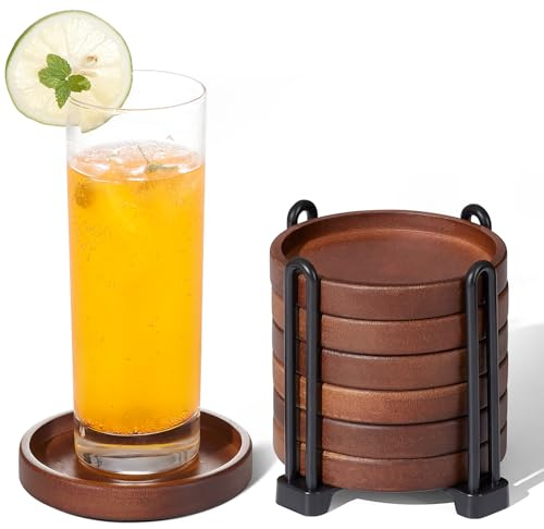 Set of 6 Wooden Coasters With Holder - Coffee Table Coasters for Drinks, Modern Home Decor, Dining Table Decorative Set, Cute Beer Bar Rustic Outdoor Wood Coaster