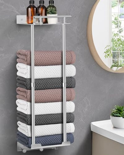 LIVEHITOP Handtuchregal, Ausziehbar Handtuchhalter Ohne Bohren 81CM Handtuch Aufbewahrung Wand Gästehandtuchhalter Silber mit Ablage Haken für Badezimmer