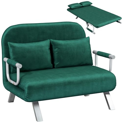 HOMCOM Sofá cama de 2 plazas Sofá cama de 2 plazas con respaldo ajustable y 2 cojines, sofá en ante desenfundable para salón, habitación de invitados, 111 x 80 x 78 cm, verde