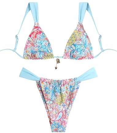 ZAFUL Women's Triangle Bikini Set Bow Decor Spaghetti Straps Bikini Swimsuit 2 Pieces Thong Bathing Suits (7-Light Blue, M)