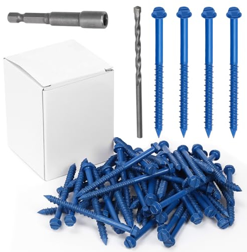 Wokape 52PCS 1/4 x 3-1/4 Slotted Hex Concrete Screw Anchor Kit, Blue Slotted Hex Screws with Drill Bit and Bit Socket Diamond Point Hexagonal Washer Head Concrete Screws