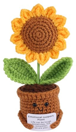 TOYMIS Girasol Crochet Positivo, Lindo Adorno Girasol de Crochet con Tarjeta Ánimo Peluche de Apoyo Emocional Positivo Planta Punto Flor Artificial para Mujeres Hombres Hogar y Oficina