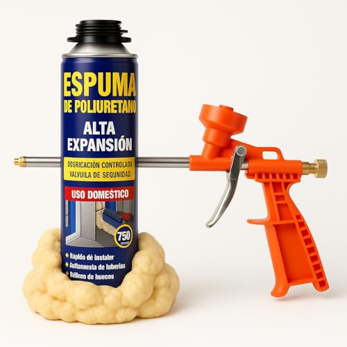 TECHZOCO Espuma de poliuretano, poliuretano para pistola, De alta expansión, Apto para fijar, rellenar y aislar frente a ruidos, frío y corrientes de aire, inluye pistola, Contiene 750 ml