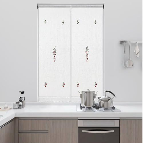 Tenda da Cucina Bianca con Ricamo Ciliegie e Bordo Basso in Pizzo, Elegante Design Floreale (60x120cm 2 pannelli)