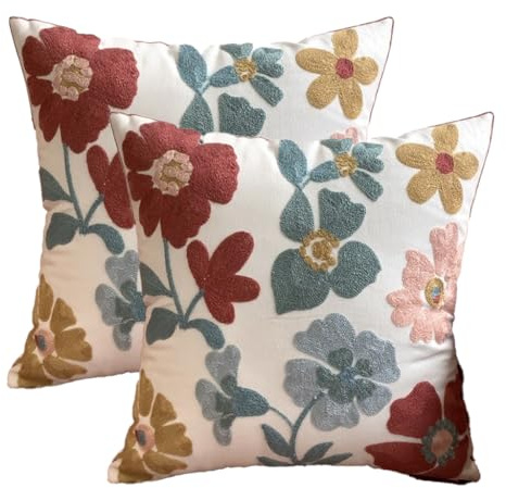Starella 2 Pack Embroidered Floral Throw Pillow Covers 18x18 Boho Cushion Cover Decorative Pillowcases for Bedroom Couch Farmhouse Sofa Red Flower