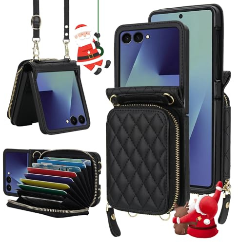 NINKI Coque pour Samsung Galaxy Z Flip 7, Coque Portefeuille Étui en Cuir PU pour Samsung Flip 7 avec Lanière Amovible et Réglable,Housse avec Fermeture éclair Porte-Cartes Sac pour Z Flip 7,Noir