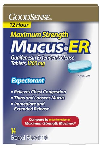 GoodSense Maximum Strength Chest Congestion and Mucus Relief, Guaifenesin Extended-Release Tablets, 1200 mg, 14Ct (Pack of 1)