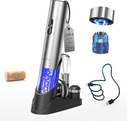 CIRCLE JOY Electric Wine Opener 7-in-1 Stainless Steel Rechargeable Electric Wine Bottle Opener Set with Automatic Vacuum Pump, Foil Cutter, Wine Pourer, 2 Vacuum Stoppers & Charging Station, Silver