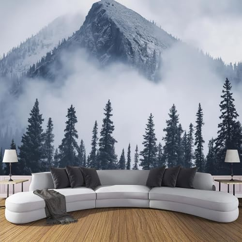 Poster Giganti da Parete Stile Foresta Nebbiosa Fotomurale Carta da Parati seta Grigio Blu Decorazione da Muro,Montagne Di Pino Fotografica Murale per Camera Letto Sala 350×256cm