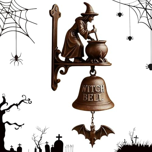 Vintage Halloween Hexe Türklingel Gusseisen Halloween Türhänger Glocke mit Hexe auf Besen Halloween Hexe Türklingel Türklingel Dekorationen für Veranda, Garten, Haustür, Outdoor und Alltagsdekoration