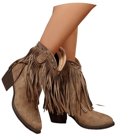 MEECHI Stivaletti Tradizionali con Tacco Stivali da Cowboy Western da Donna con Frange Stivaletti A Punta con Borchie Scarpe Slip-on in Pelle Scamosciata Autunno Inverno(Brown,36 EU)
