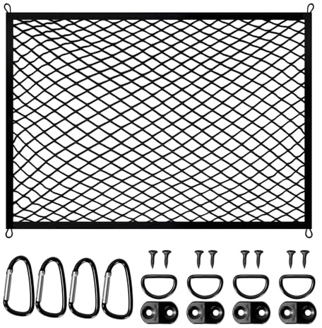 Rete di Carico Rete Elastica Per Bagagliaio Rete Per Portellone Posteriore 80 x 60 cm Con 4 Ganci 4 Moschettoni In Acciaio e 4 Anelli di Trazione Adatta Alla Maggior Parte Dei Modelli