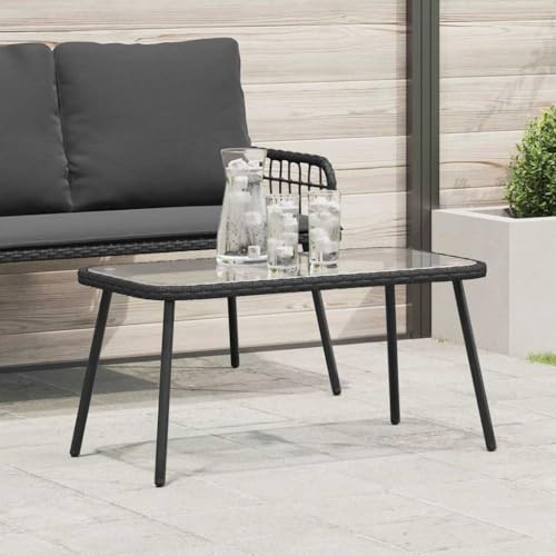 QUAHEAS Couchtisch Schwarz 90x45x43 cm, Poly-Rattan und Glas, witterungsbeständiger Outdoor-Tisch für Garten, Terrasse, Balkon, stilvolle Lounge-Möbel