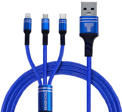 TECH SENSE Multi Charger Cable, 3 in 1 Charging Cable 3A Fast Charging Cable (1.2m), Multiple USB Charger Cable with Micro USB/Type C Cable Compatible with iPhone, Samsung, LG, PS5 (Blue)